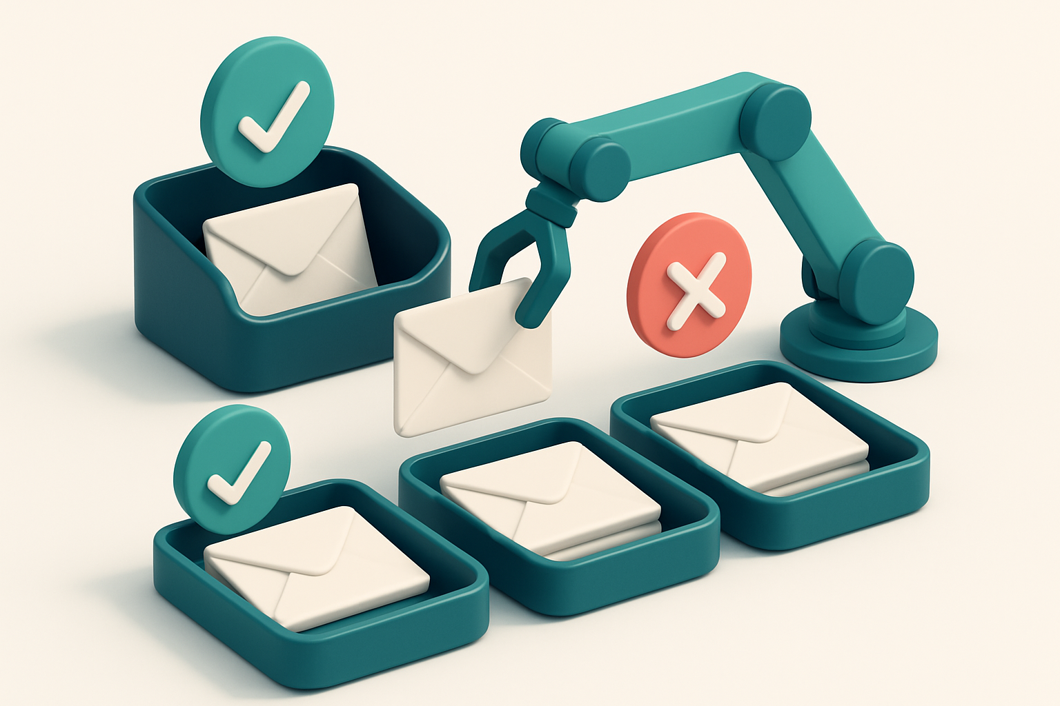 An isometric email inbox with envelopes labeled 'Valid', 'Invalid', 'Catch-all', and 'Risky' being sorted onto separate