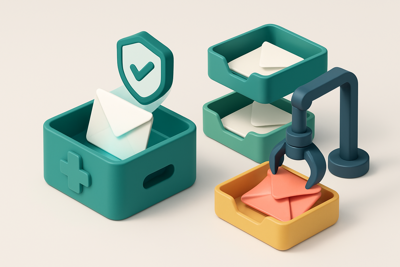 Hero: an isometric medical clinic inbox with envelopes labeled 'valid' and 'risky' sorted into green and yellow trays; a