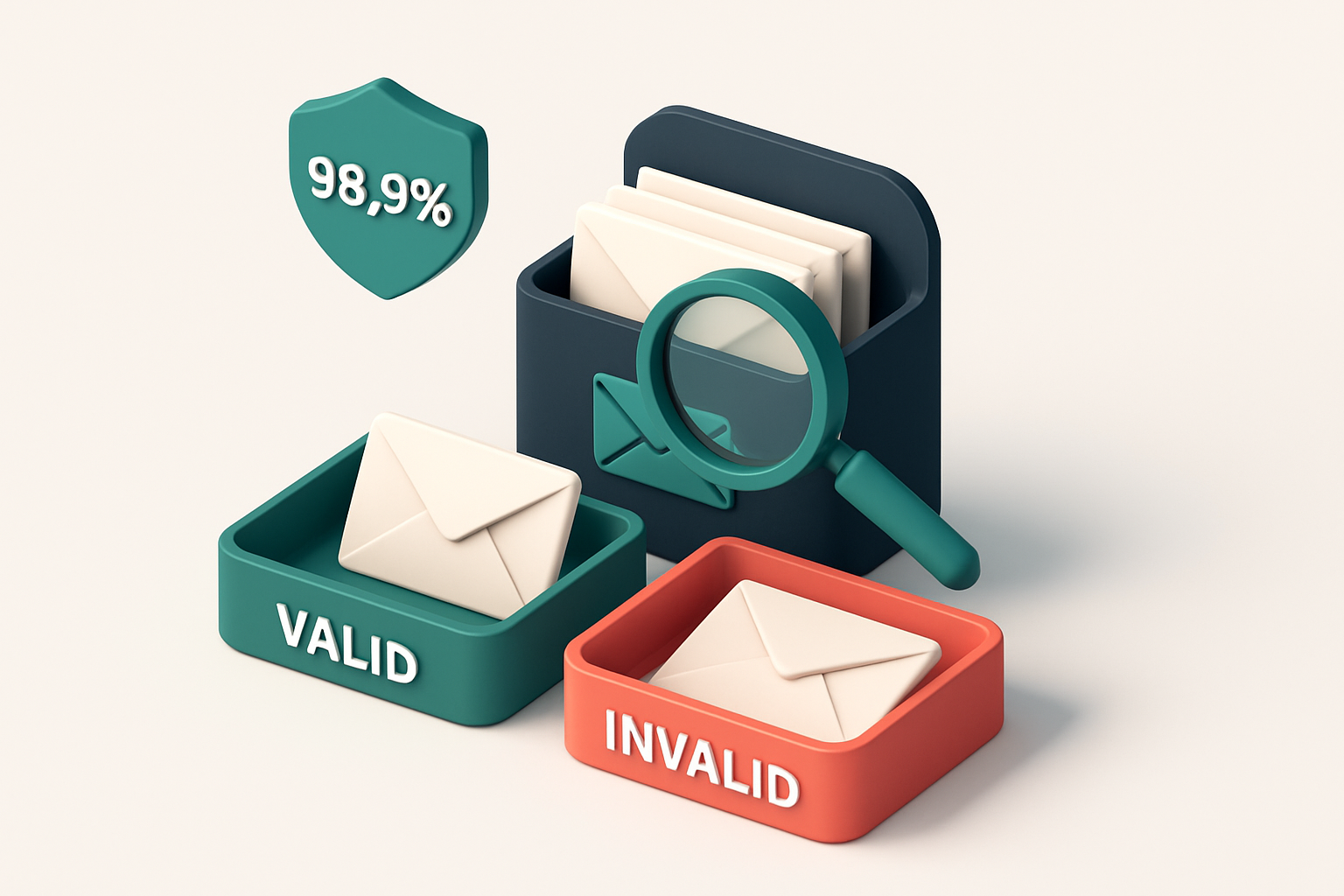 Hero: an isometric email inbox with envelopes being sorted onto a green 'valid' tray and a red 'invalid' tray, a magnify