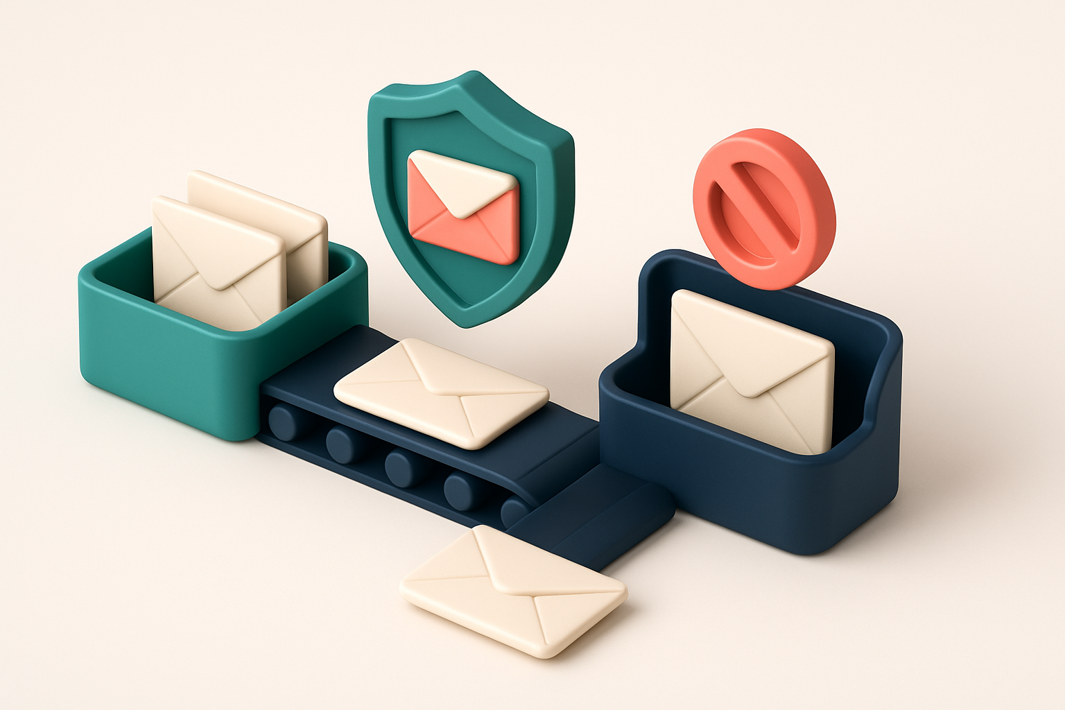 An isometric email inbox with envelopes being scanned by a shield labeled 'CAN-SPAM', a conveyor belt sorting envelopes