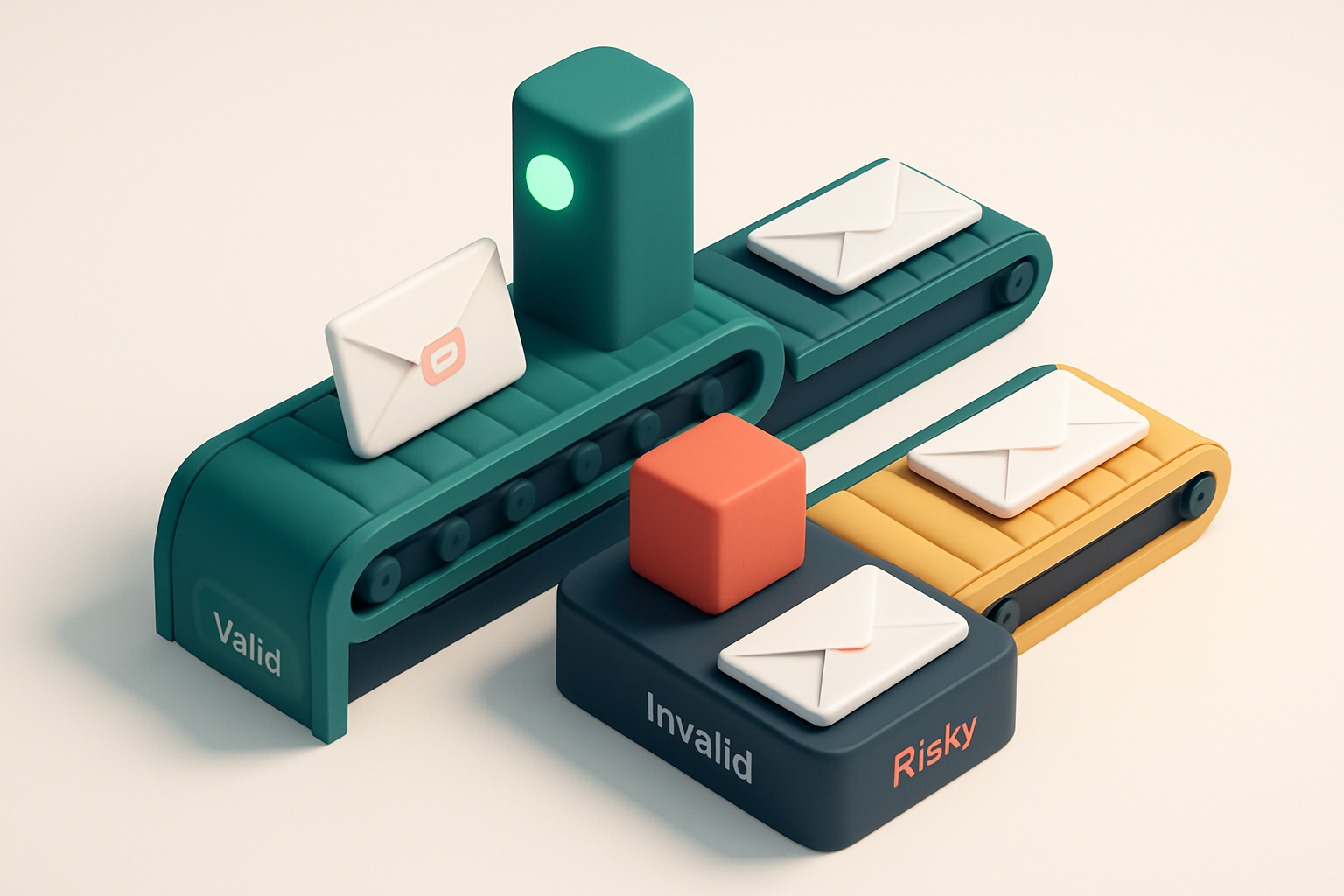 an isometric email validation flow: a green 'Valid' conveyor belt, a red 'Invalid' conveyor belt, and a yellow 'Risky' b