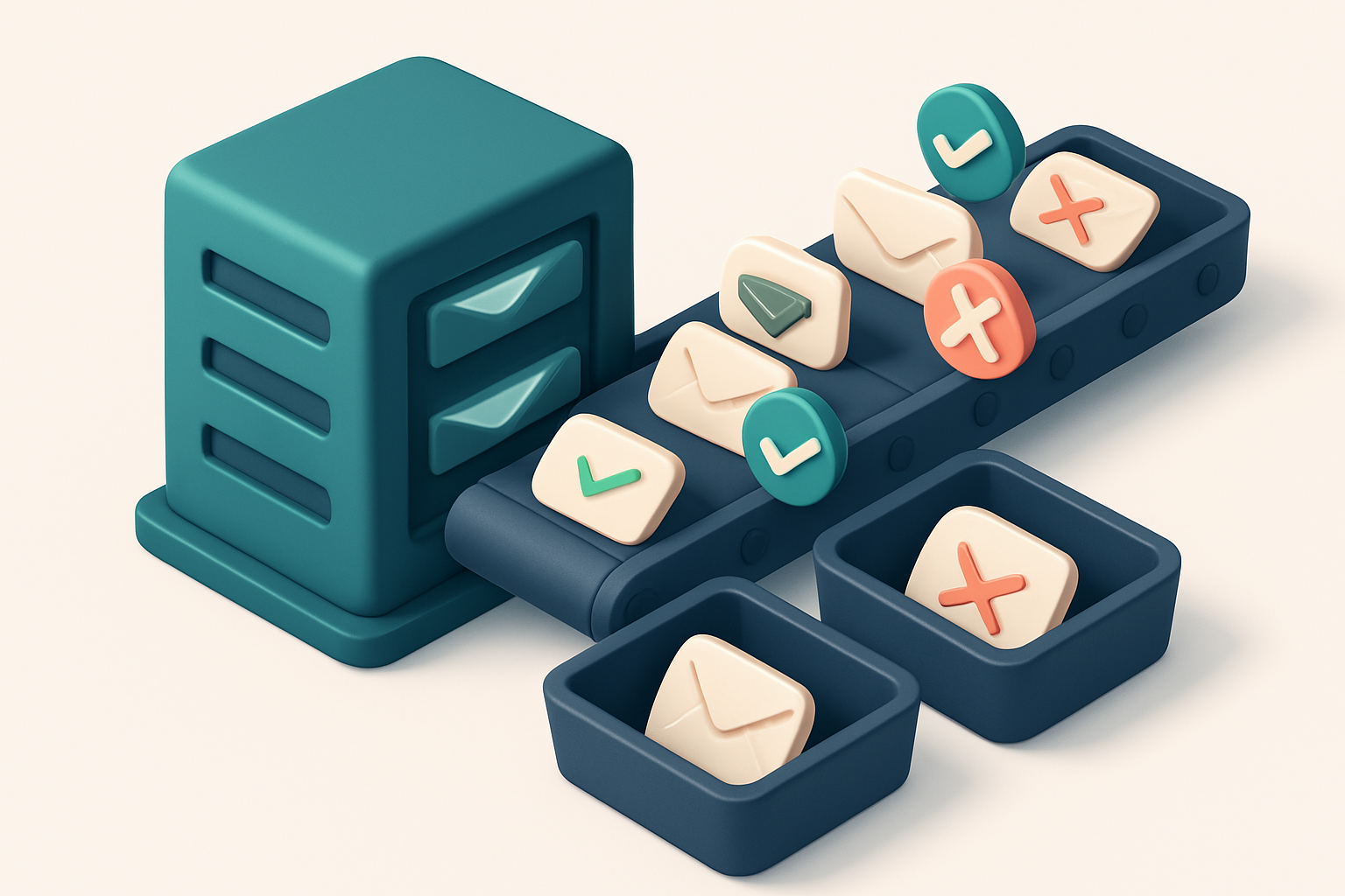 an isometric email server array with green checkmarks on valid addresses, red Xs on invalid ones, and a conveyor belt so