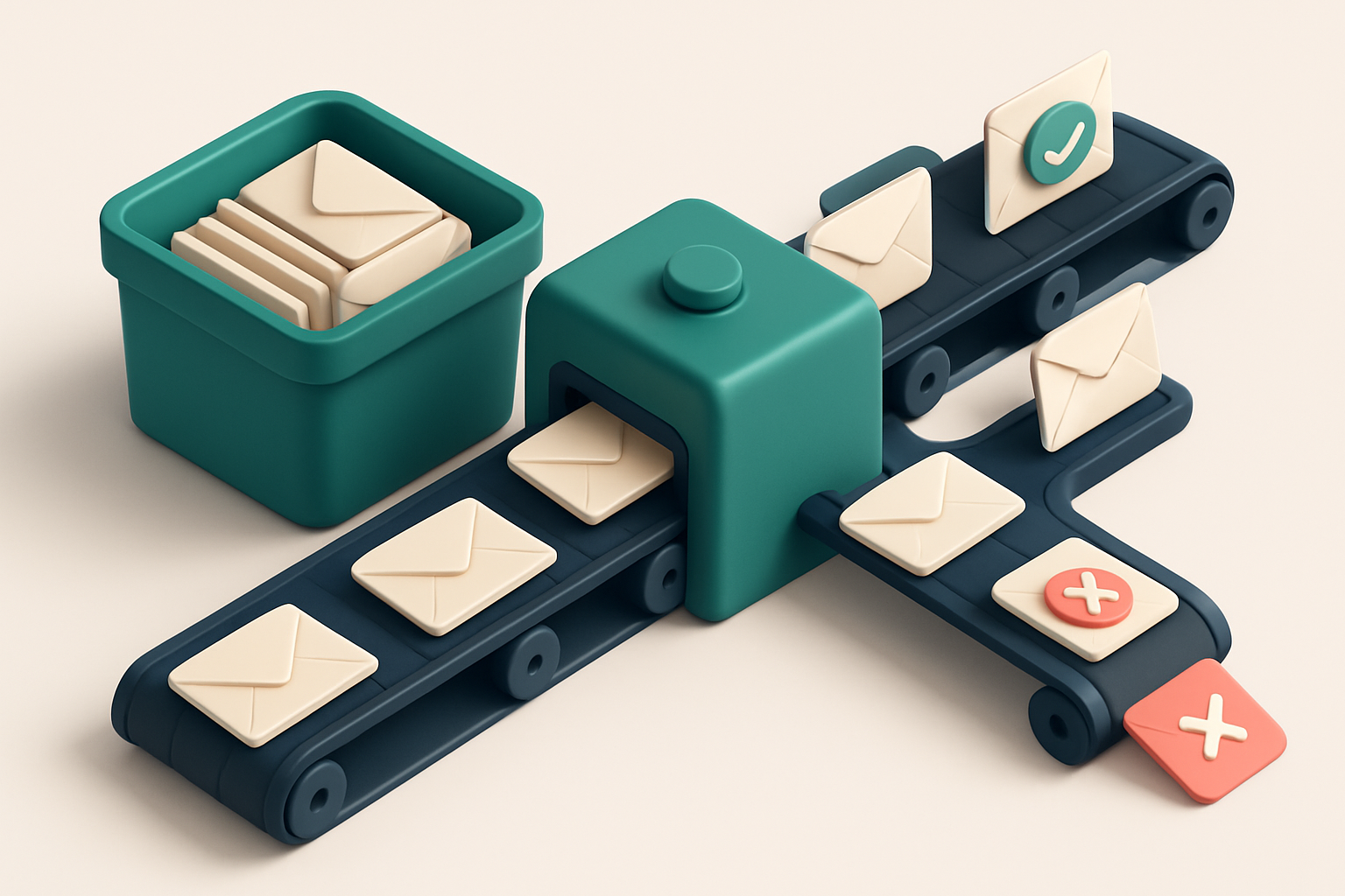 An isometric view of a conveyor belt with labeled envelopes flowing from a large 'Email List' bin through a green 'SMTP