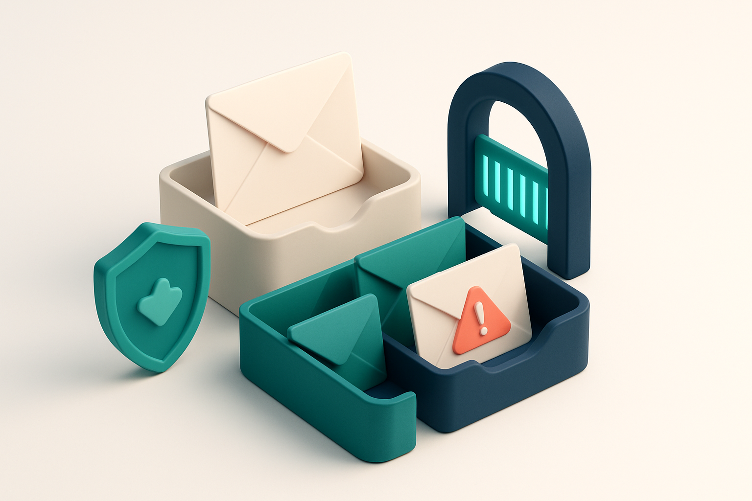 An isometric email inbox with envelopes labeled 'valid' and 'invalid' sorted into separate trays, a shield icon protecti