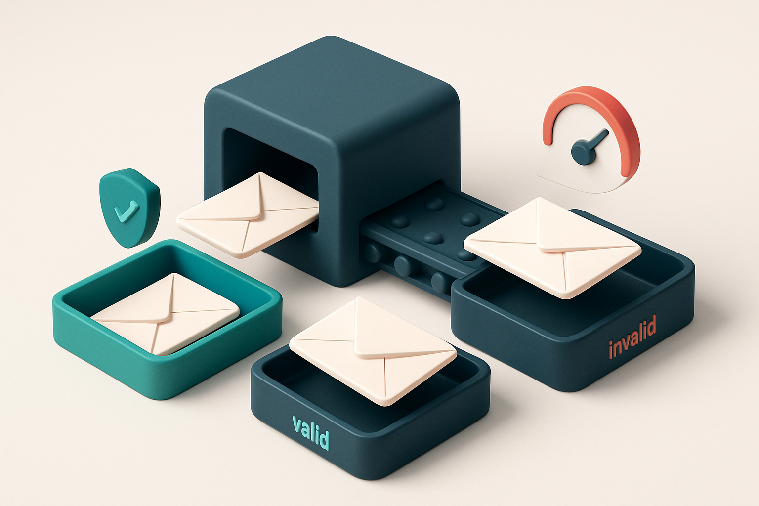 An isometric inbox with an automated conveyor belt pushing envelopes labeled 'valid', 'risky', and 'invalid' into separa