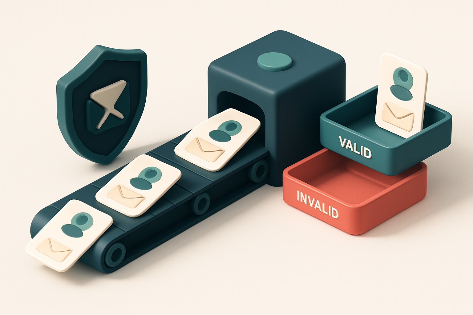 An isometric view of a conveyor belt moving candidate profiles — each with an envelope labeled 'code challenge' — throug