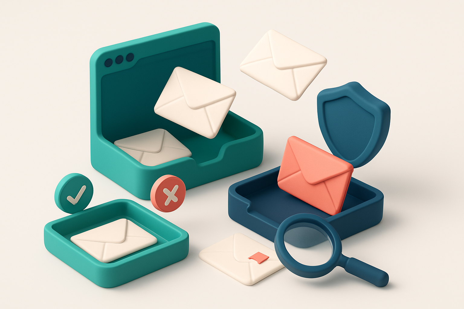 An isometric email inbox with envelopes being sorted—some landing on a green 'valid' tray, others on a red 'invalid' tra