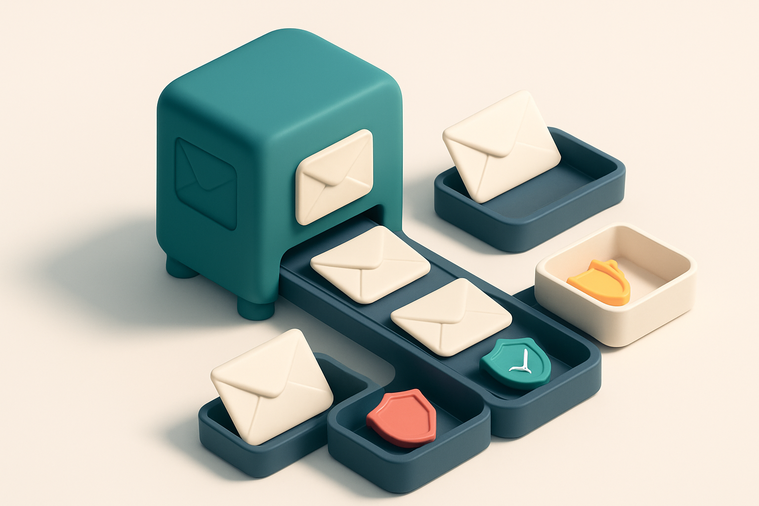 An isometric medical clinic inbox with multiple envelopes labeled 'Valid', 'Invalid', 'Catch-all', and 'Risky' being sor
