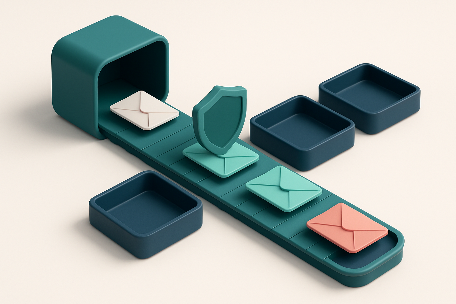 An isometric inbox with envelopes labeled 'Valid', 'Invalid', 'Catch-All', and 'Risky' being sorted by a conveyor belt i