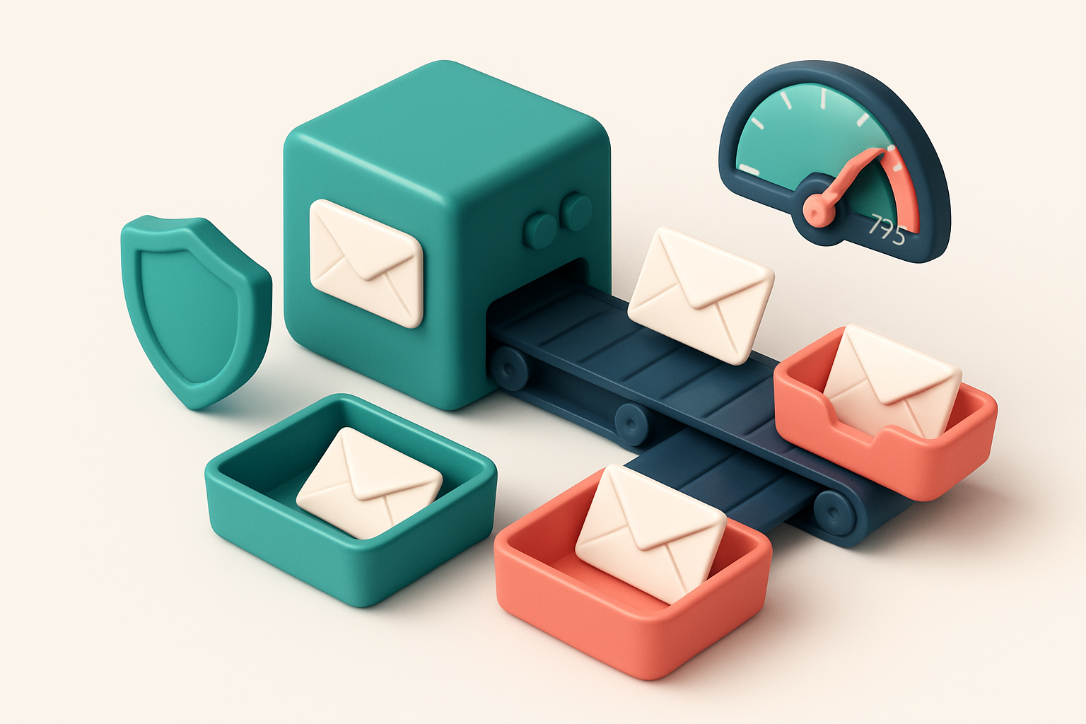 An isometric email inbox with envelopes labeled 'valid' and 'invalid' being sorted by a conveyor belt into green and red