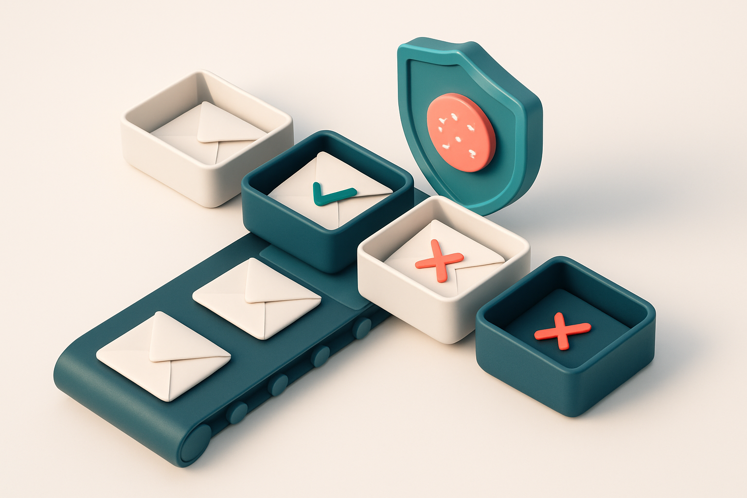 An isometric illustration of a conveyor belt sorting envelopes labeled 'valid', 'invalid', 'catch-all', and 'role-based'