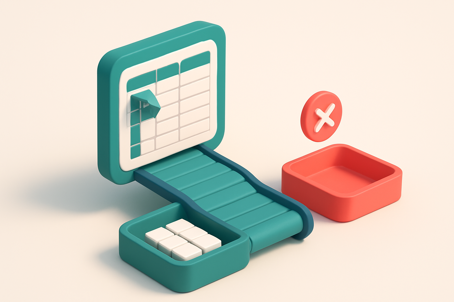 A 3D isometric illustration of a large Excel spreadsheet with labeled columns (email, name, date) being fed into a conve