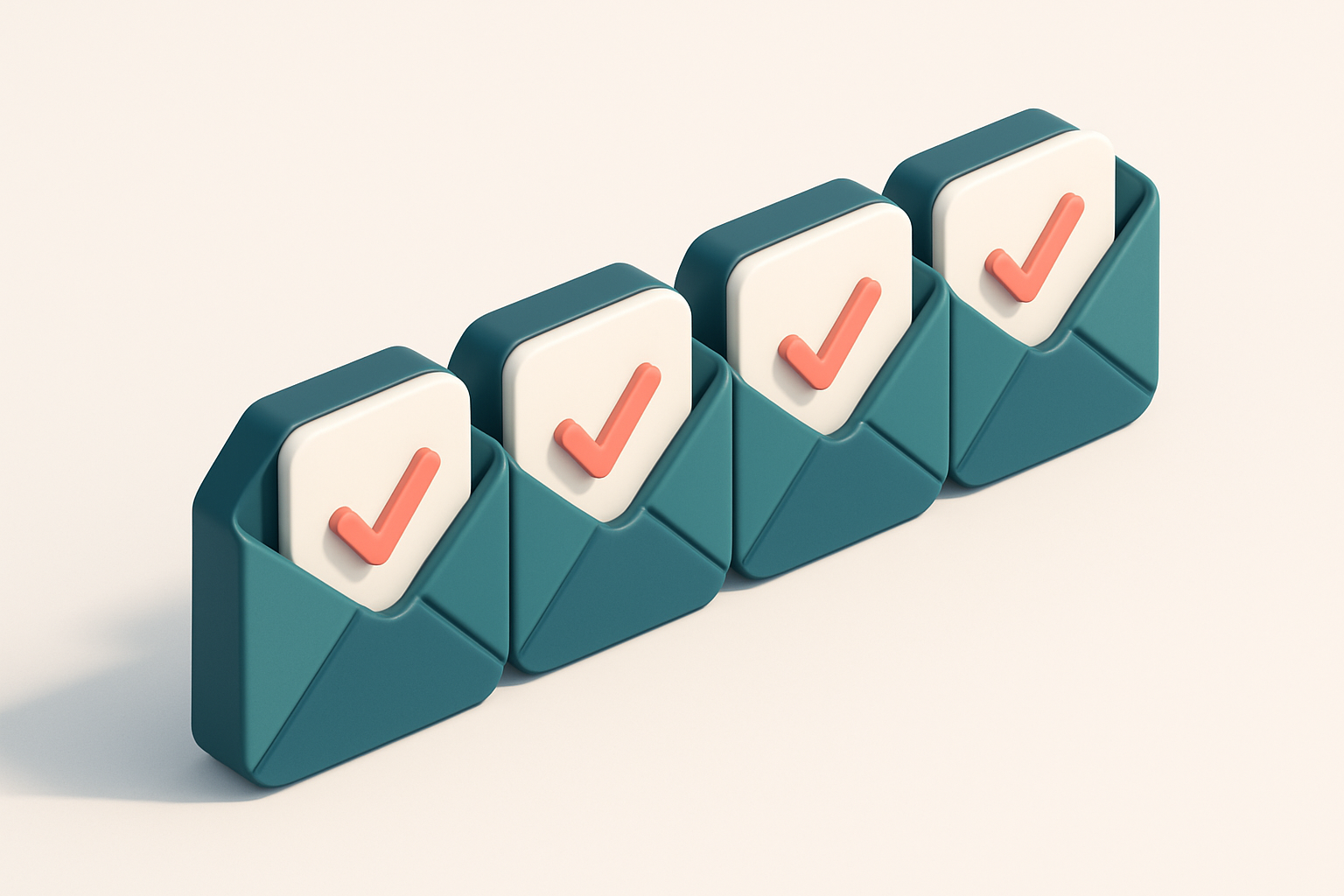 A row of four connected envelope icons, each with a small checkmark inside