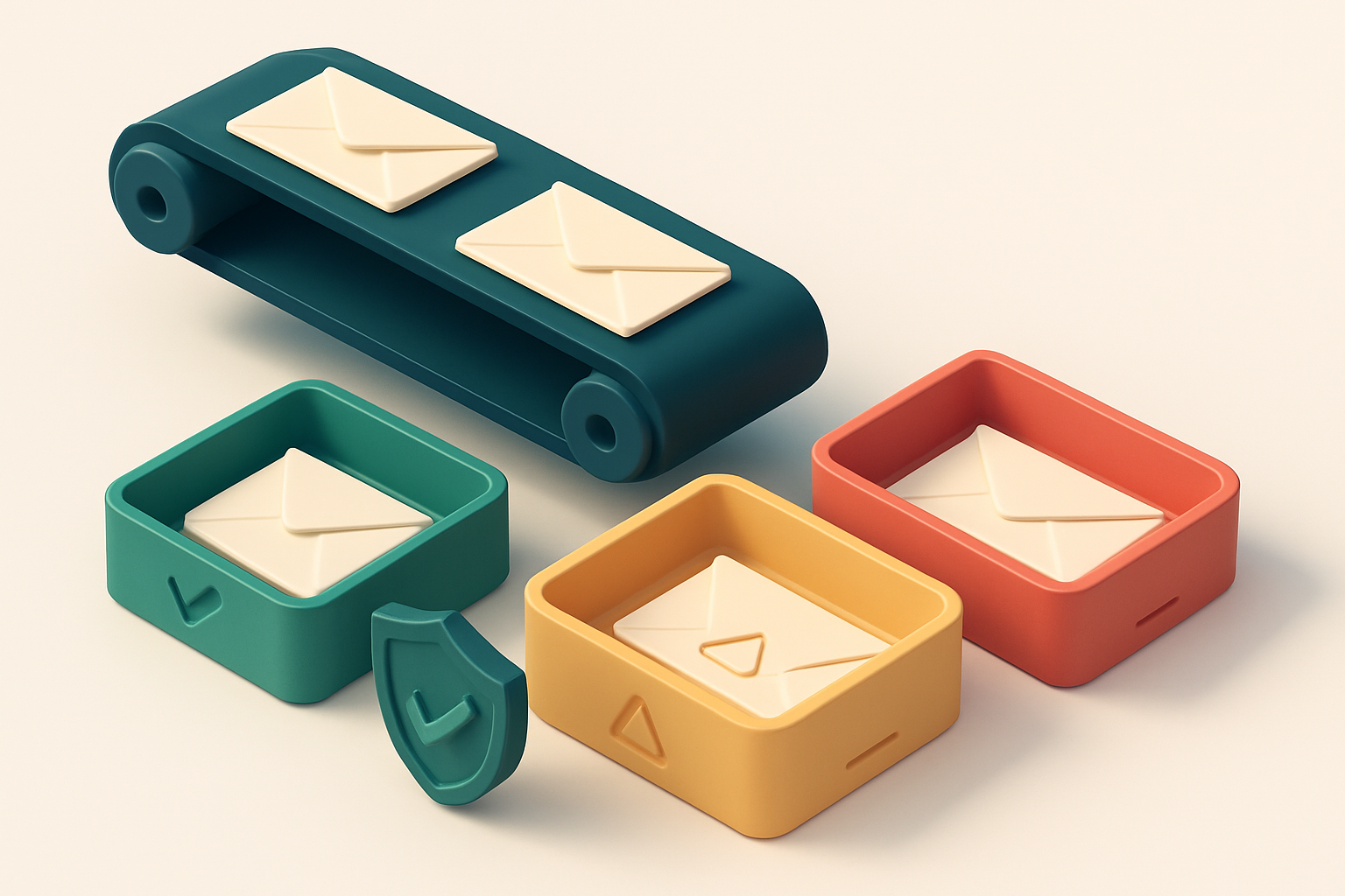 an isometric view of a conveyor belt carrying paper envelopes labeled 'valid', 'risky', and 'invalid' into separate bins