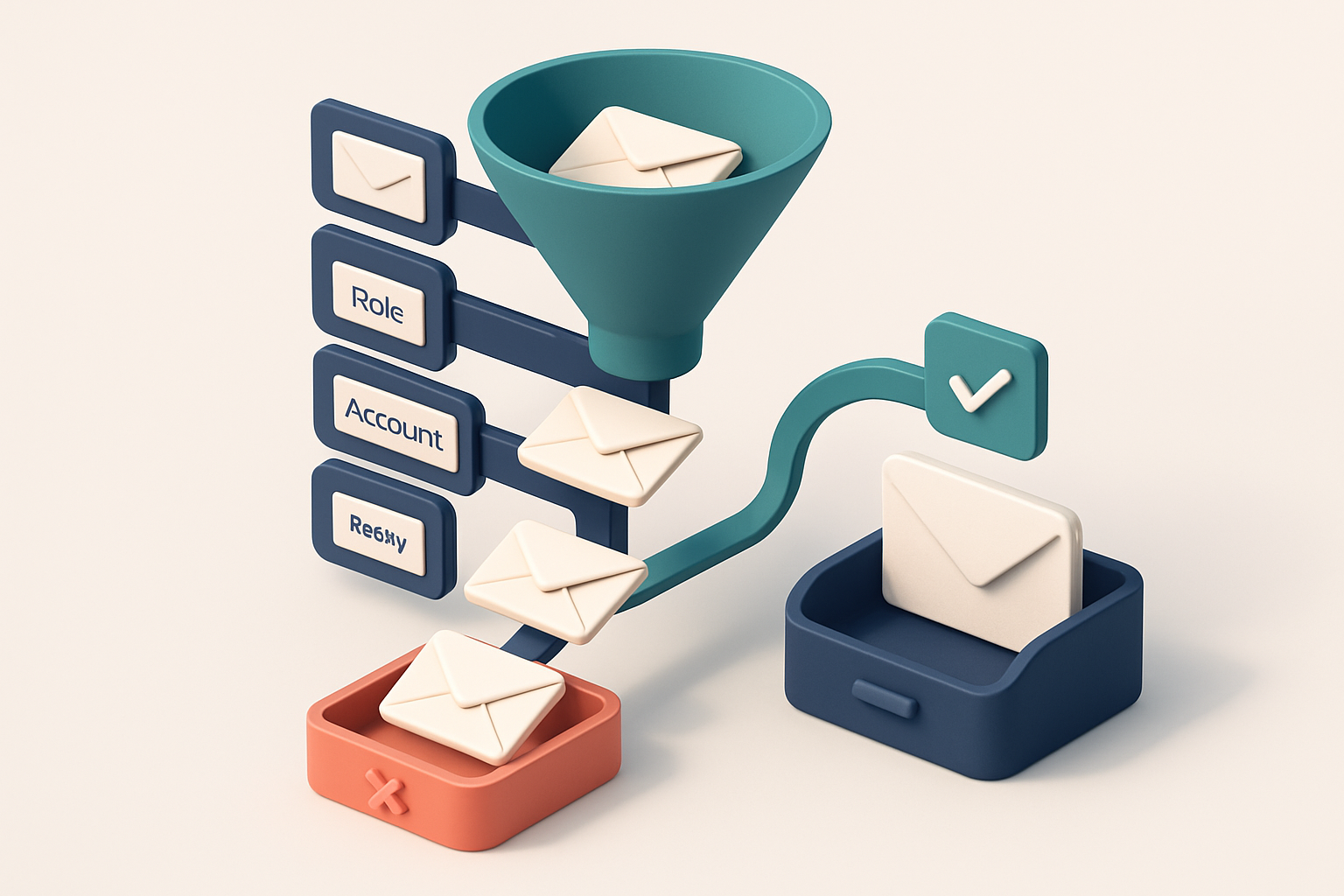 An isometric dashboard showing a funnel of envelopes with labels 'Invalid', 'Catch-all', 'Role Account', and 'Risky' lea