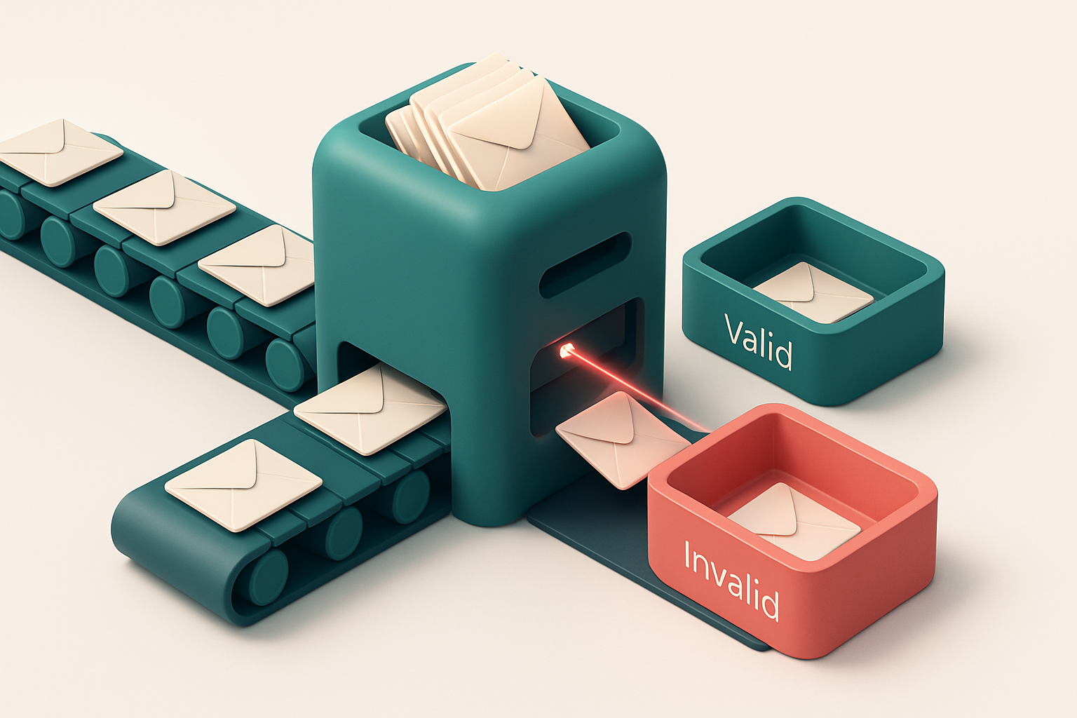 Hero: an isometric factory floor with stacked metal parts forming a conveyor belt, feeding into a central inbox labeled