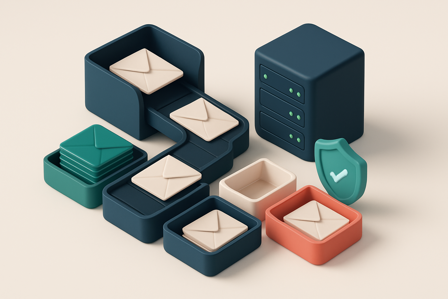 An isometric inbox with envelopes labeled 'Valid', 'Invalid', 'Catch-all', and 'Risky' being sorted into separate bins b