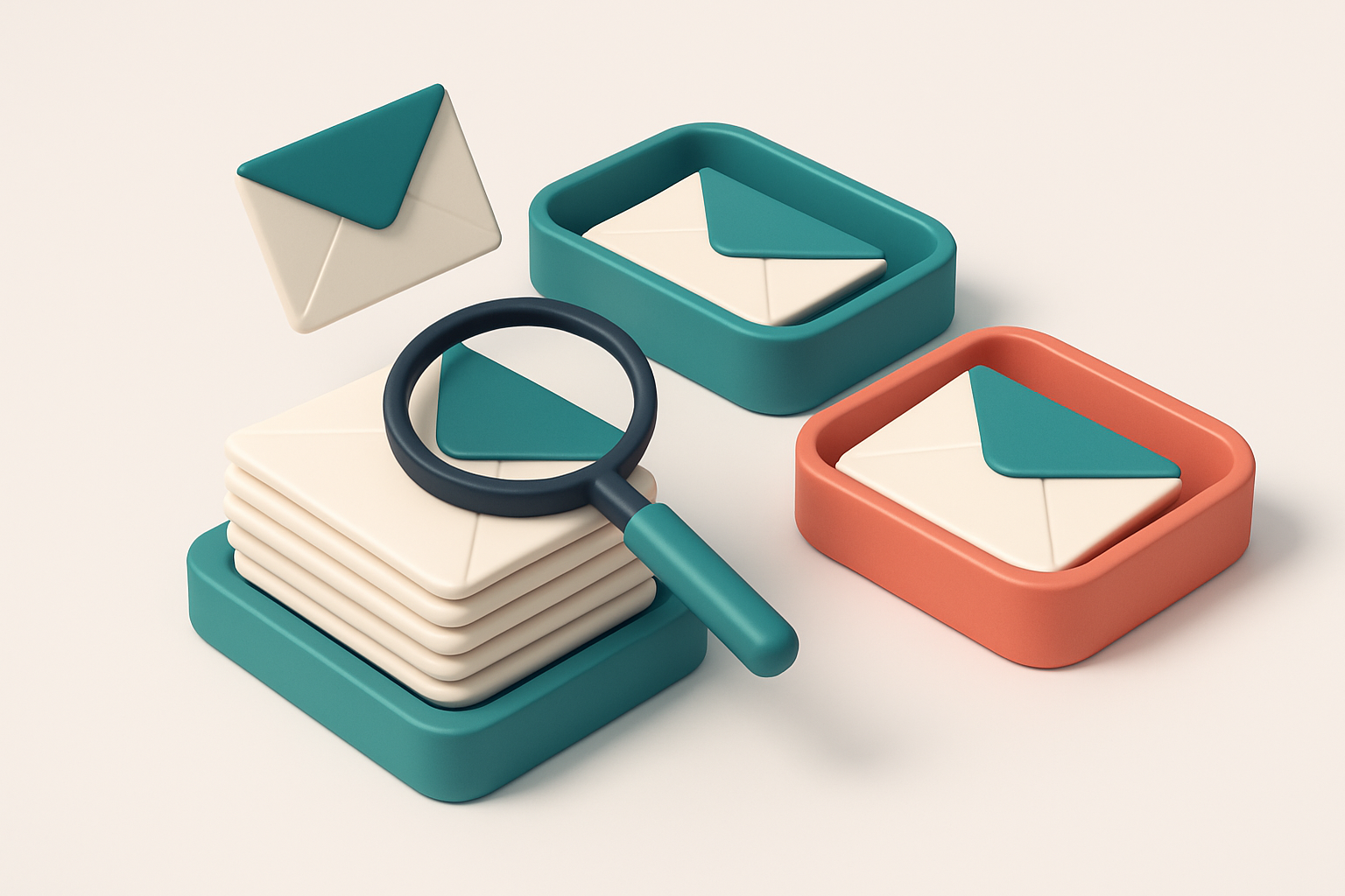 an isometric email inbox with envelopes being sorted onto a green 'valid' tray and a red 'invalid' tray, a magnifying gl