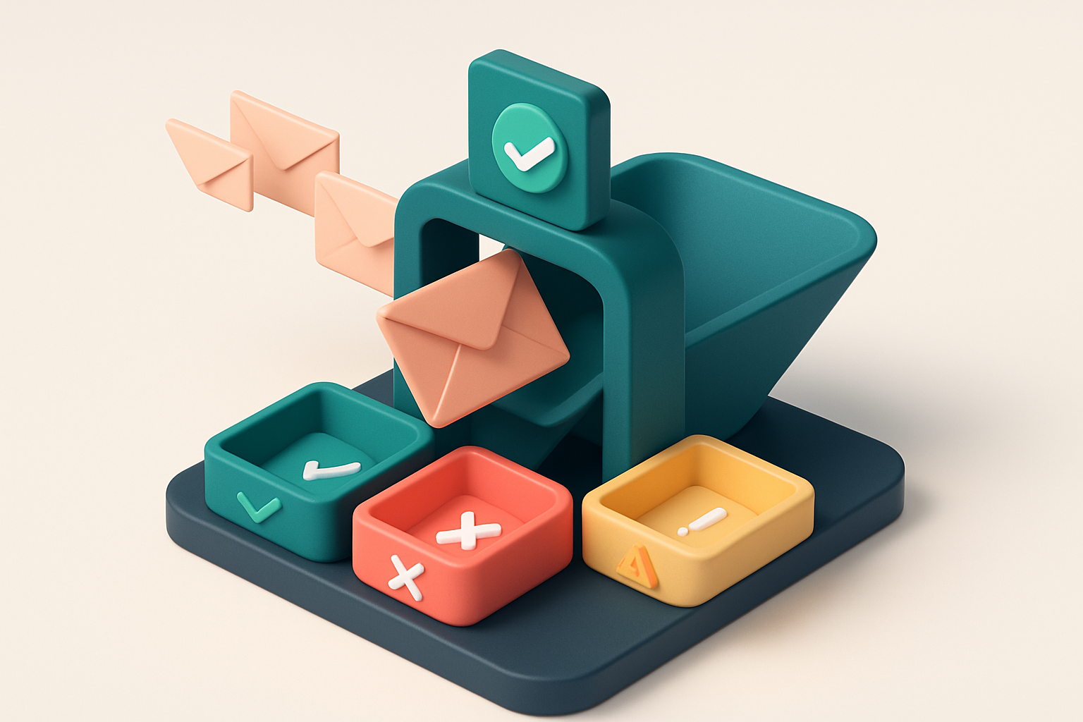 An isometric digital checkout funnel with a green 'verified' tray, a red 'invalid' tray, and a yellow 'risky' tray; inco