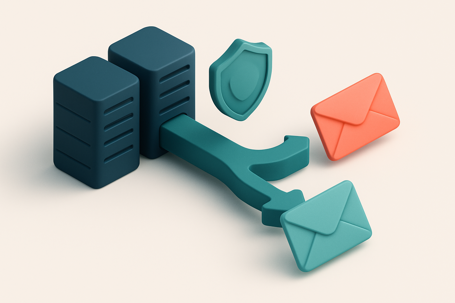 An isometric email server cluster with green 'valid' and red 'invalid' email envelopes being sorted through a DMARC tunn