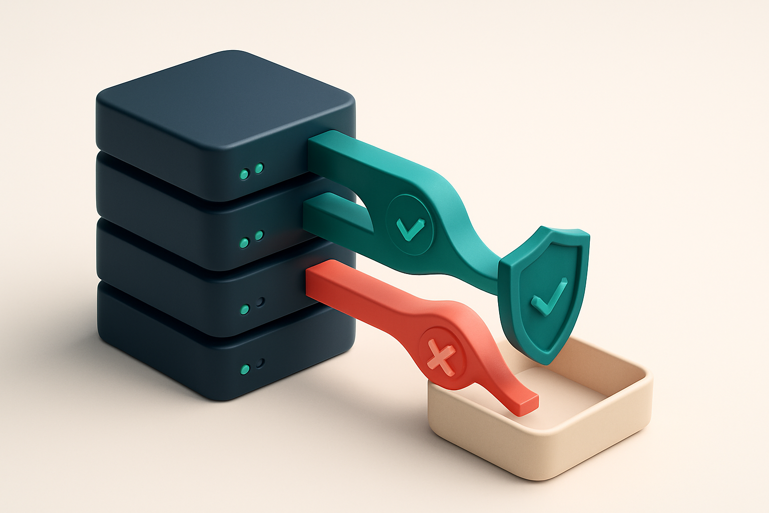 an isometric server rack with multiple data streams flowing into a central inbox, one stream labeled 'pass' (green check