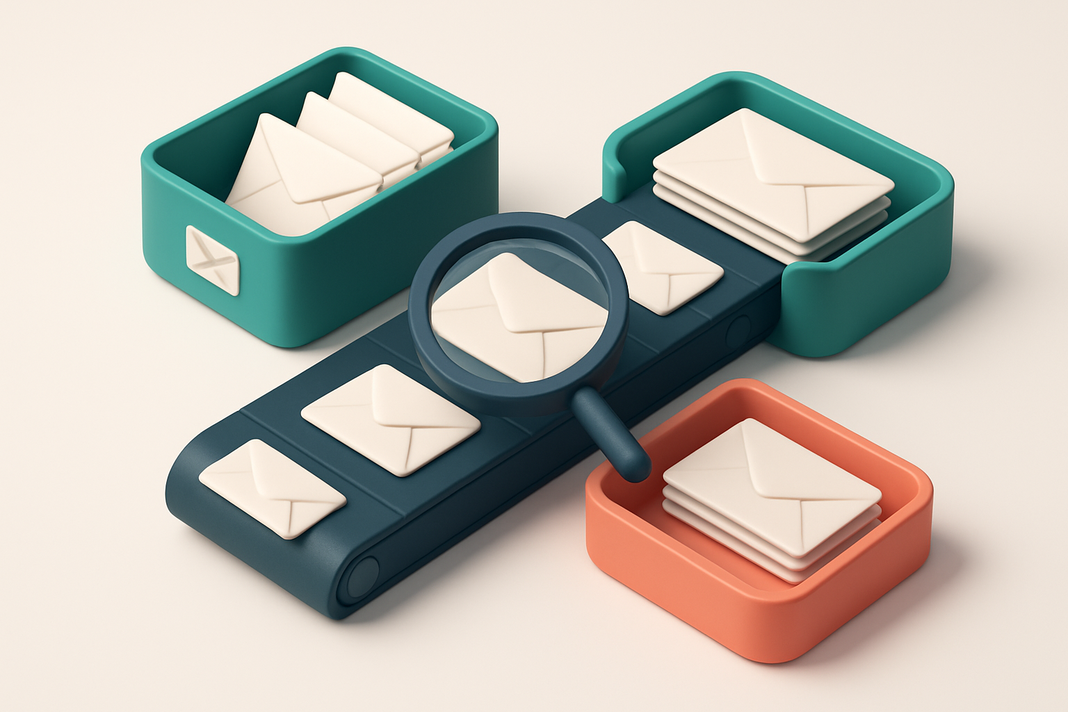 An isometric email inbox with envelopes being sorted onto a green 'valid' tray and a red 'invalid' tray, a magnifying gl