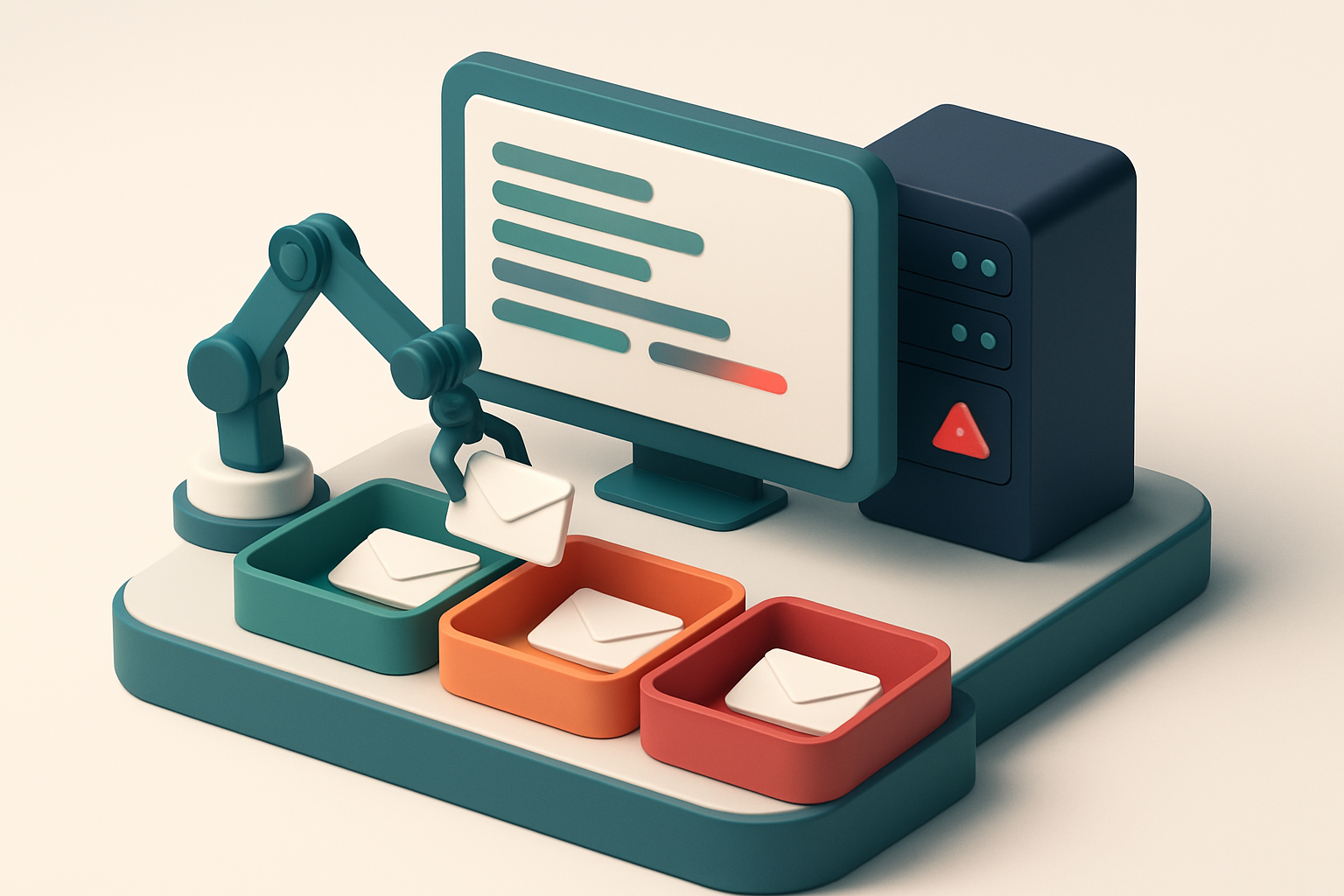 An isometric dashboard with a green 'Valid' tray, a red 'Invalid' tray, and an amber 'Risky' tray; envelopes labeled wit