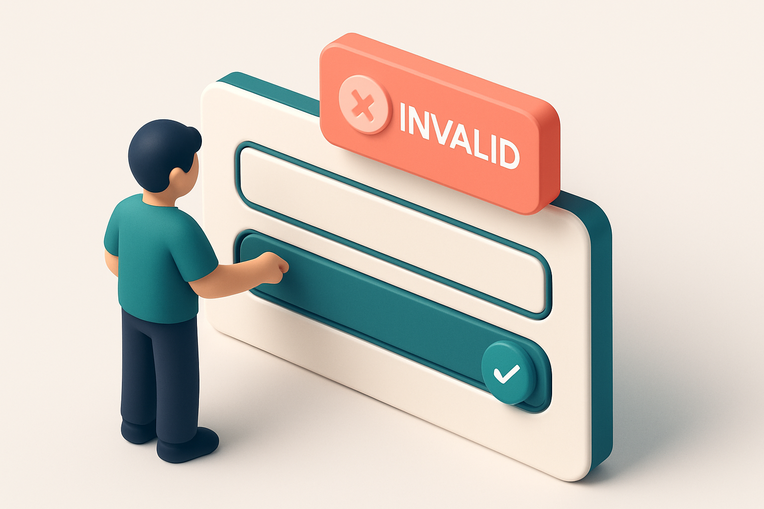 An isometric email form with a student typing an address into a field, a green checkmark appearing instantly over a vali