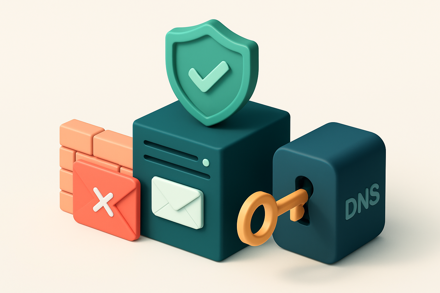 An isometric email server with a green shield labeled 'DKIM Verified' hovering above it, a red 'Invalid' envelope stuck
