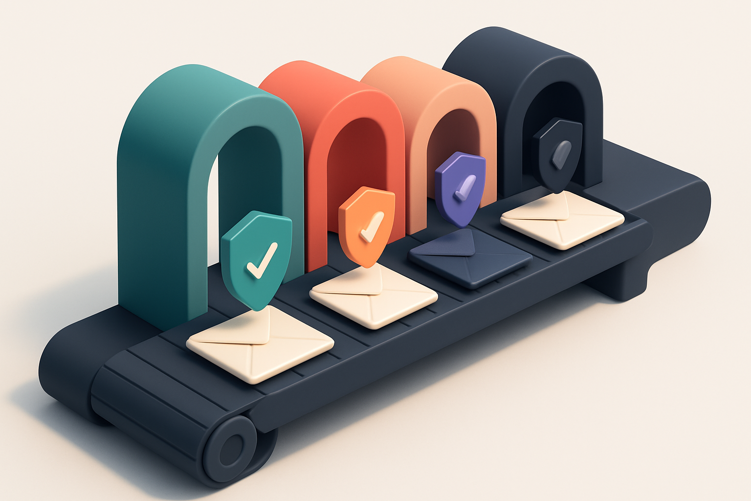 An isometric view of a conveyor belt moving envelopes through labeled gates: a green 'Valid' gate, a red 'Invalid' gate,