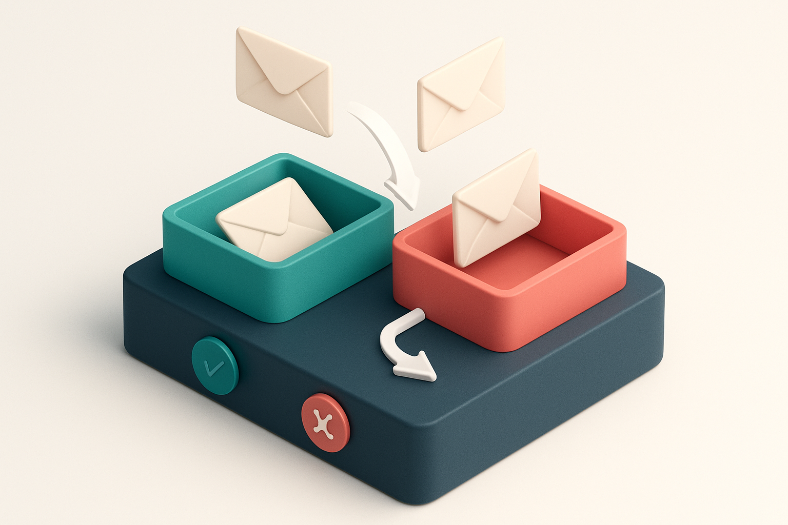 An isometric dashboard showing a green 'valid' tray and a red 'invalid' tray. Envelopes labeled with addresses like john