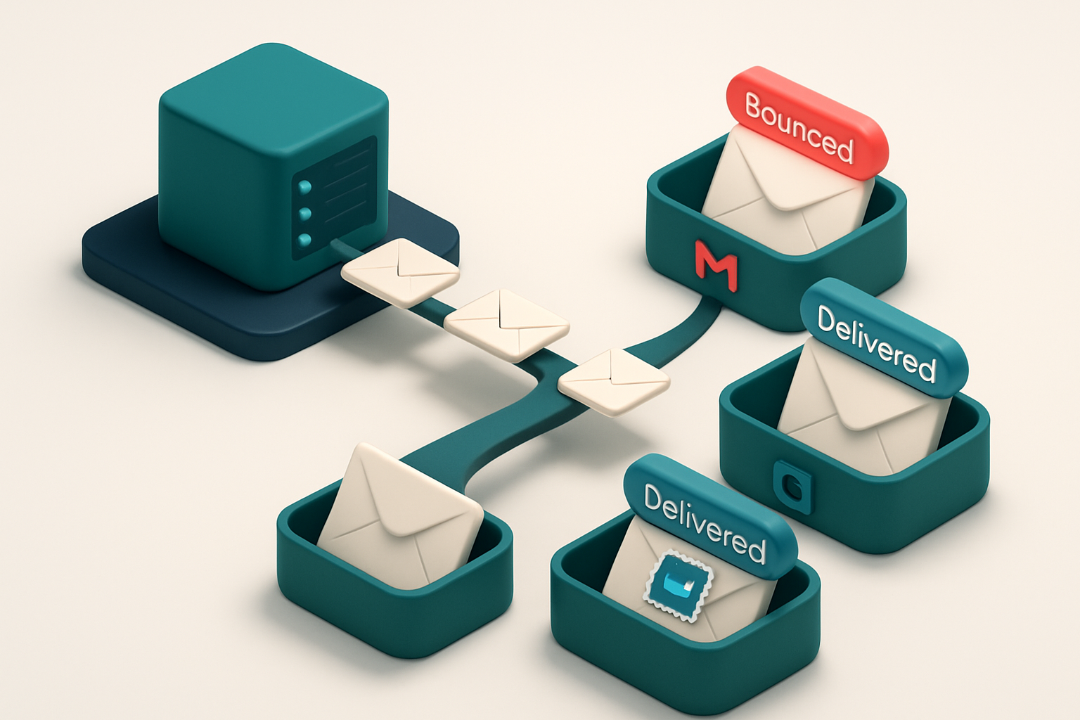 An isometric email delivery pipeline showing a server box sending envelopes across a network bridge to three segmented i