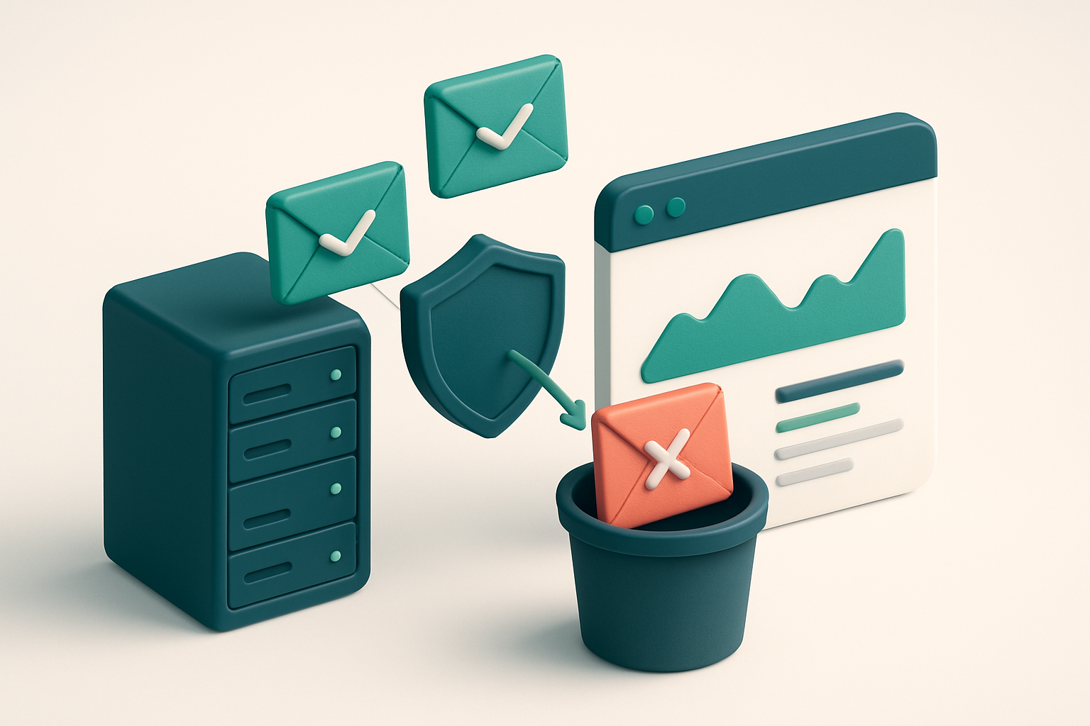 an isometric server rack with green 'valid' envelopes flowing into a dashboard and red 'invalid' envelopes being rejecte