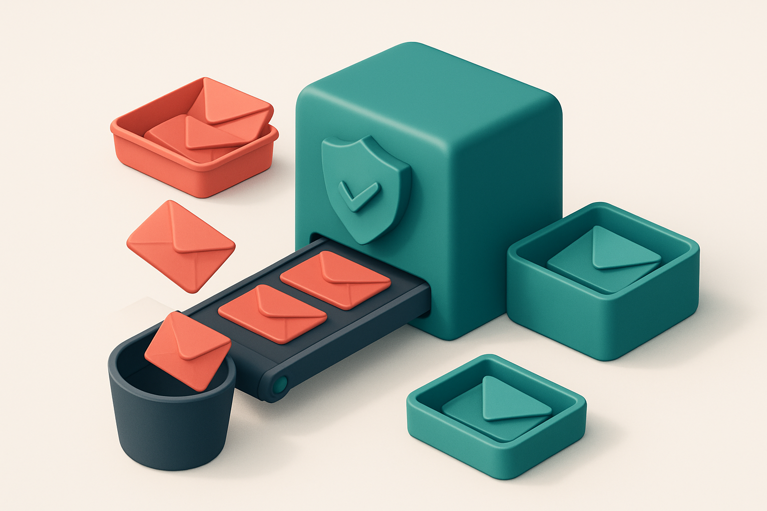An isometric illustration showing a 3D email inbox overflowing with envelopes labeled 'valid', 'invalid', 'catch-all', a