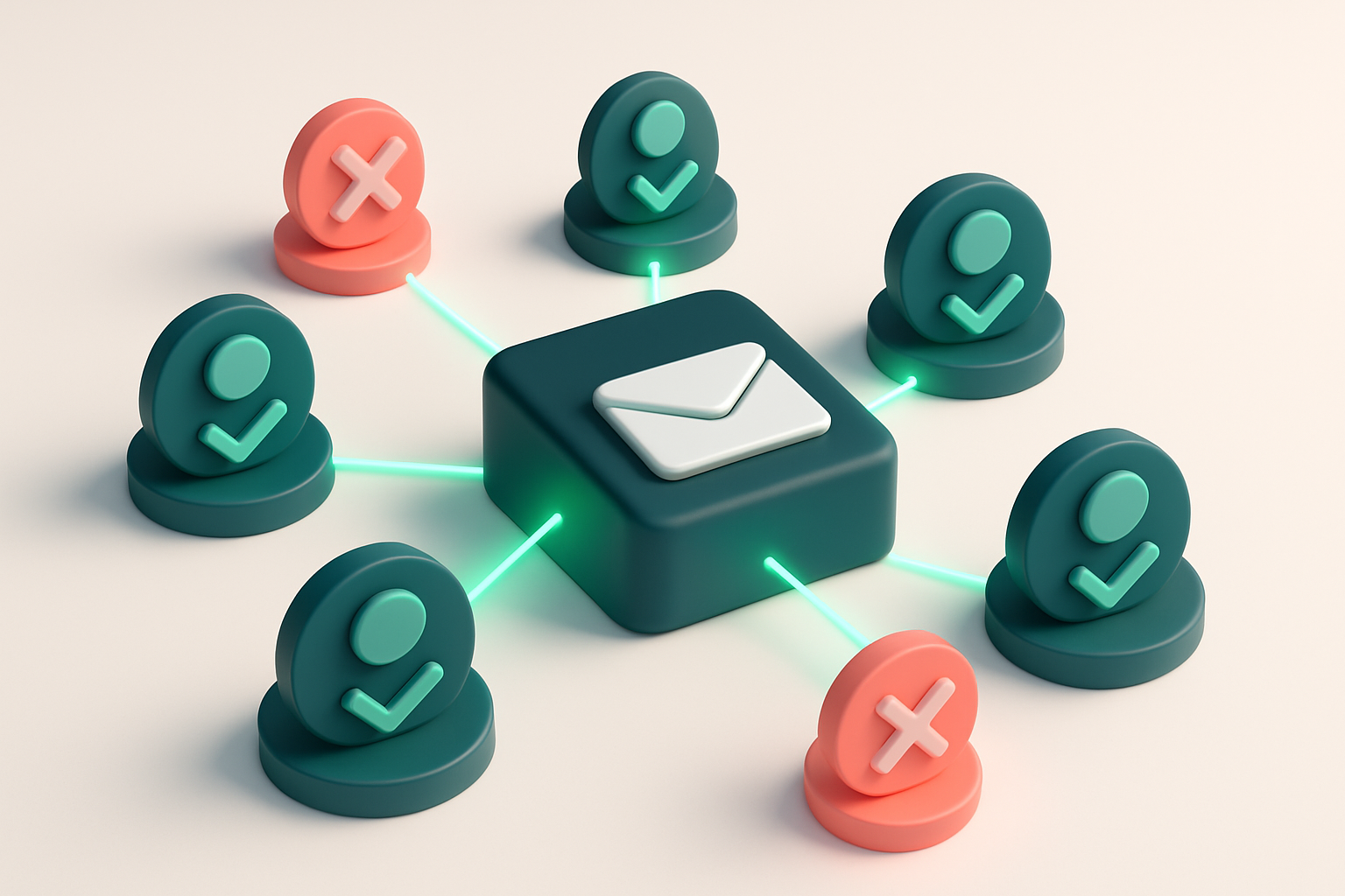 An isometric blockchain ledger with green 'valid' user nodes connected by glowing green lines to a central email inbox,
