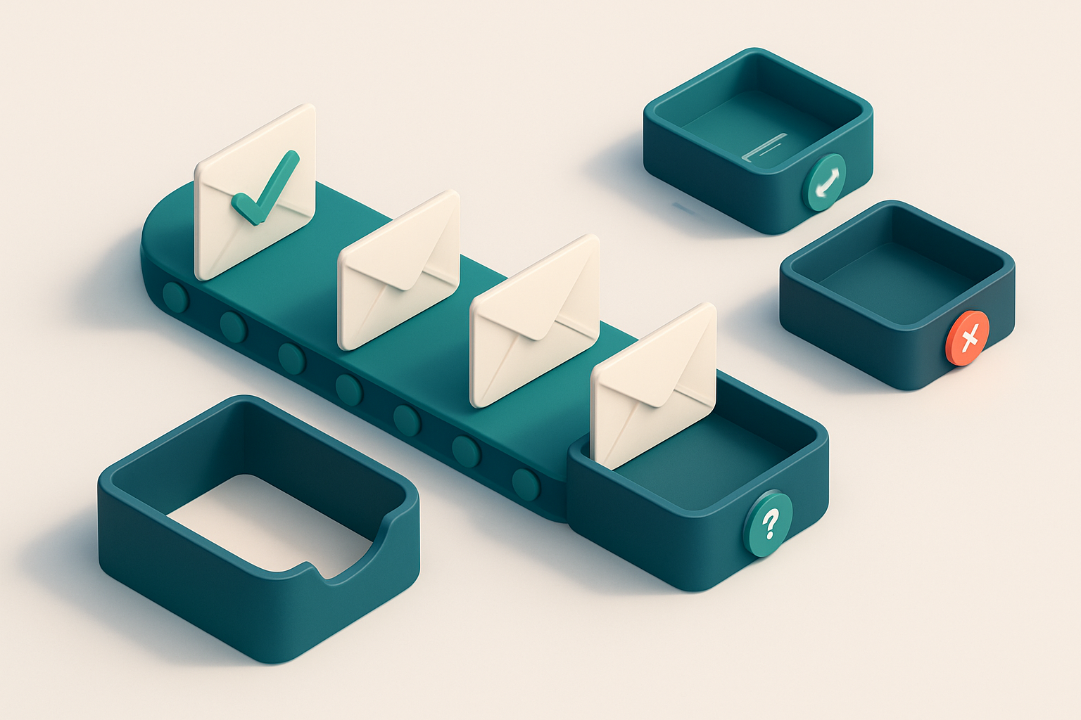 An isometric email inbox with a conveyor belt bringing in envelopes labeled 'valid', 'risky', and 'invalid', each moving