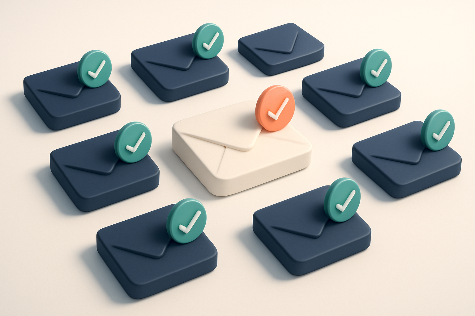 a grid of envelope icons with checkmarks in the top-left corner