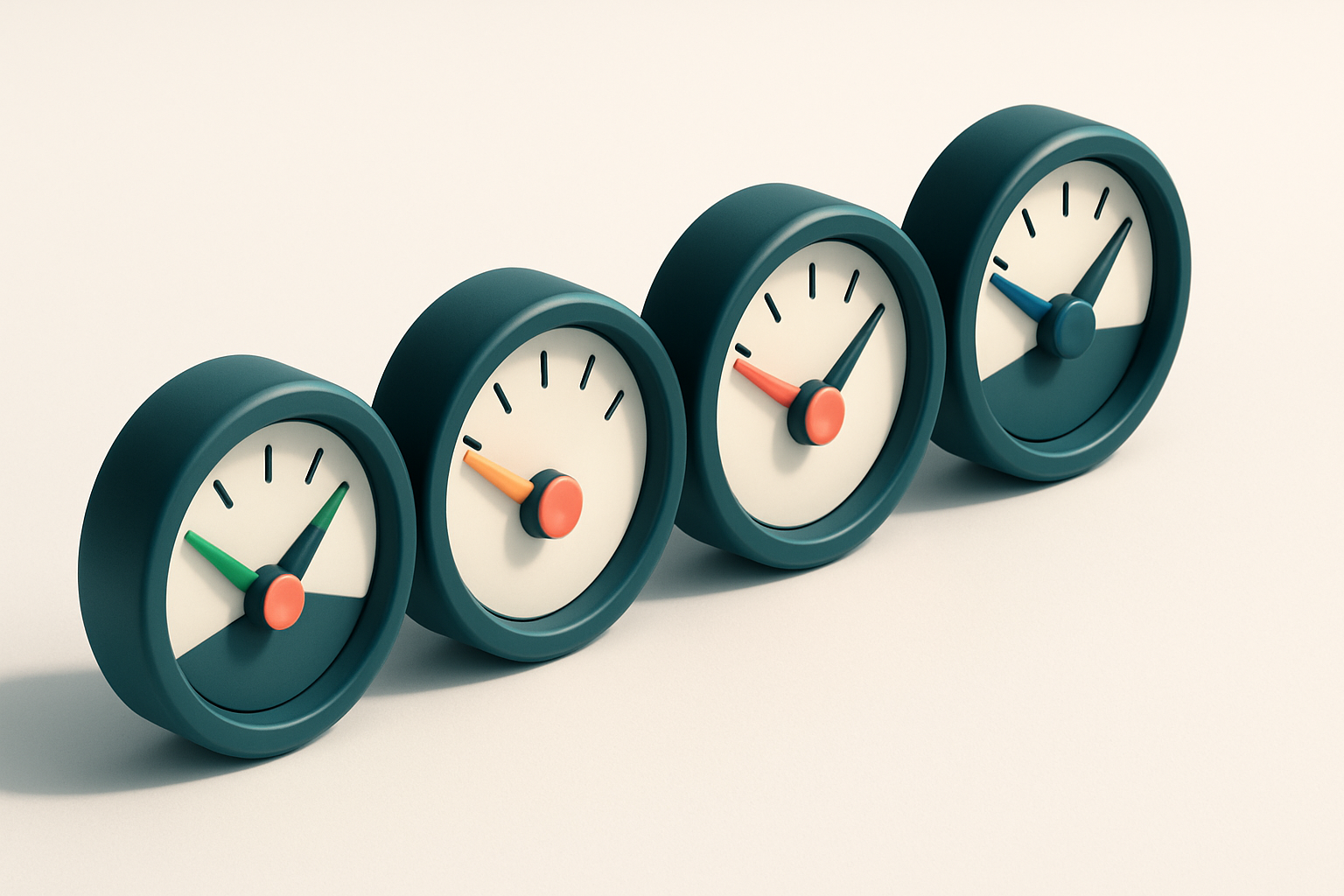 a row of four gauge dials, each showing a different level of validation status: green (valid), red (invalid), yellow (ri