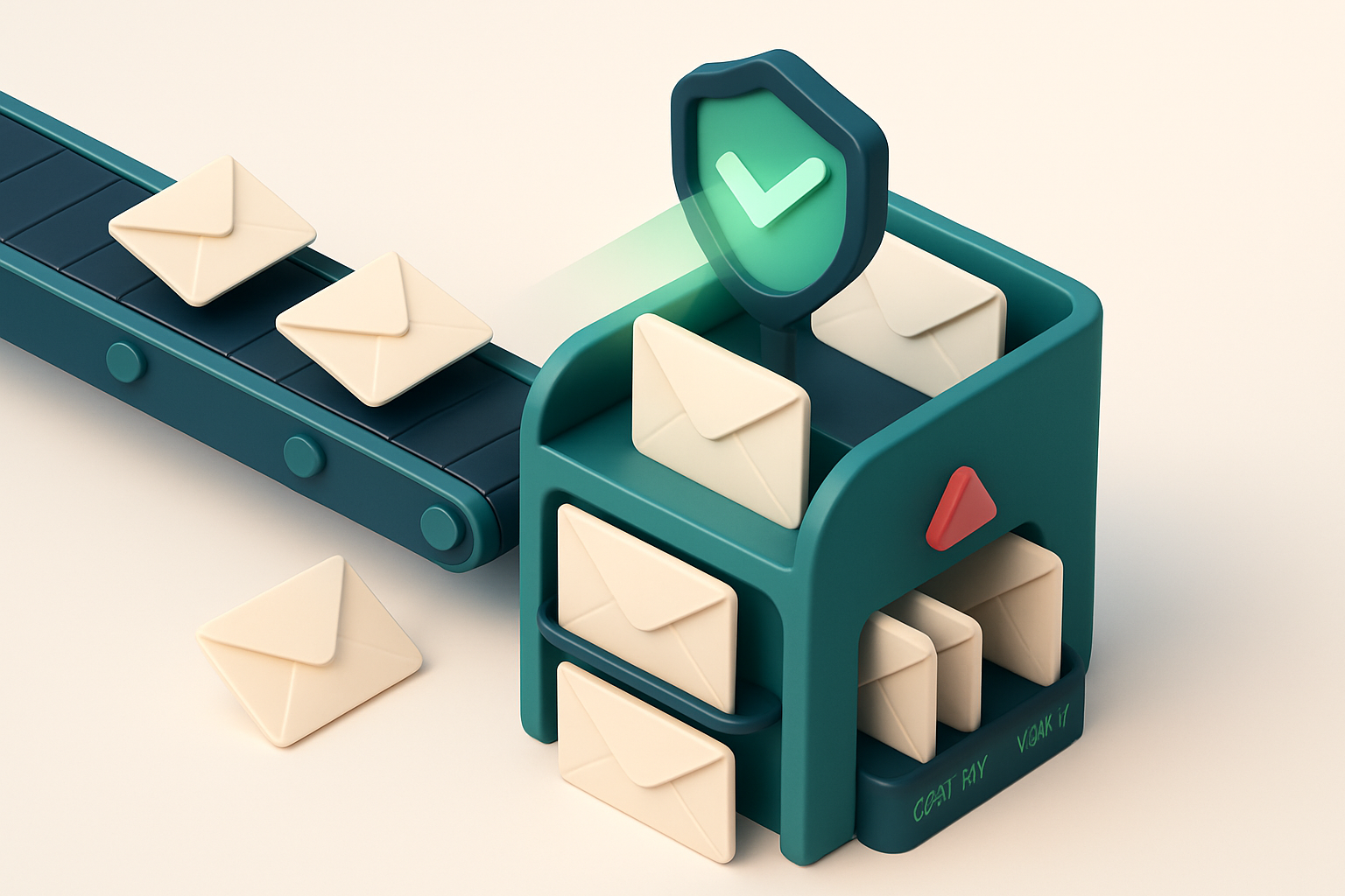 An isometric inbox with envelopes labeled 'valid', 'invalid', 'catch-all', and 'risky' being scanned by a shield-shaped