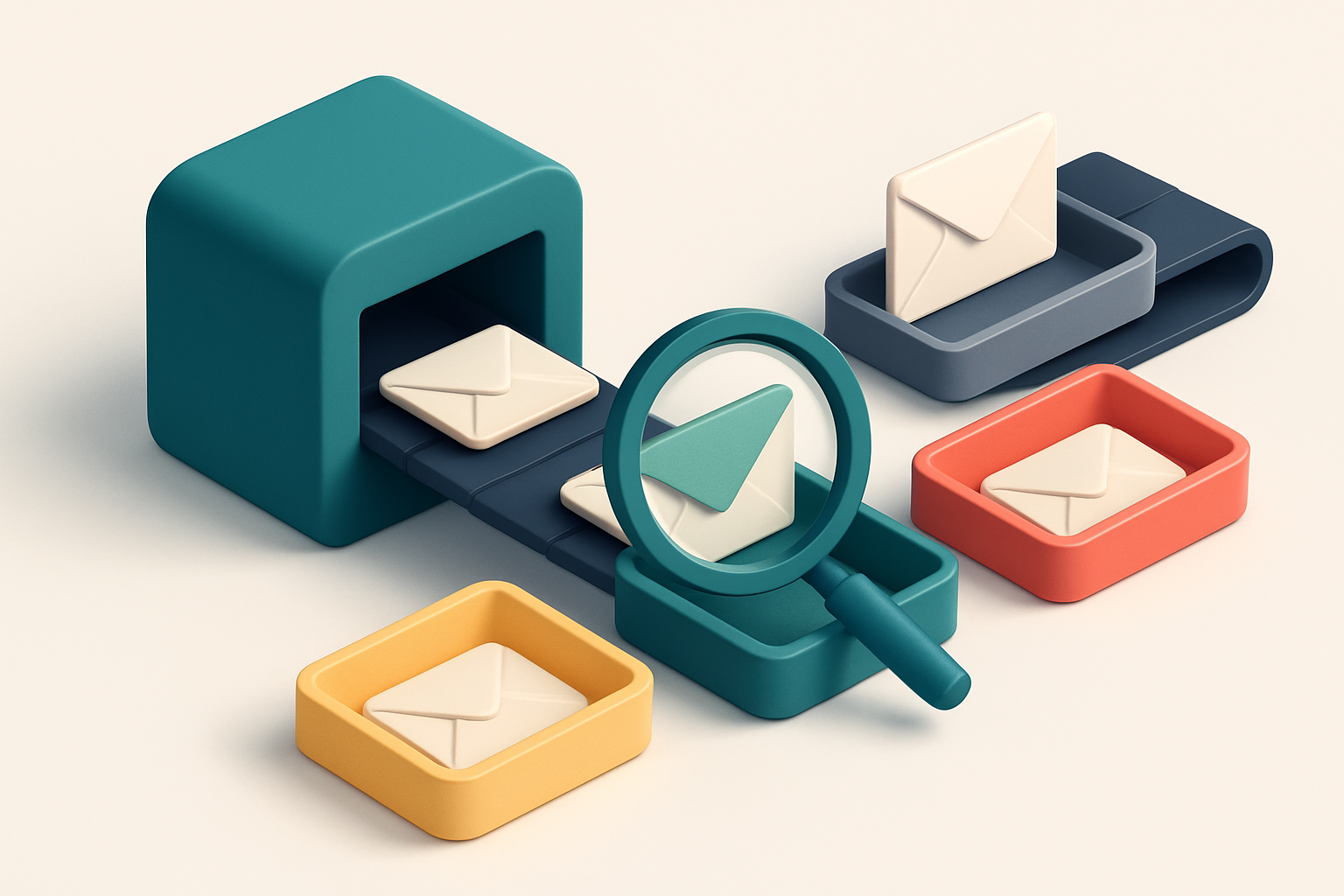 An isometric email inbox with a conveyor belt passing envelopes labeled 'valid', 'invalid', 'catch-all', and 'risky' int