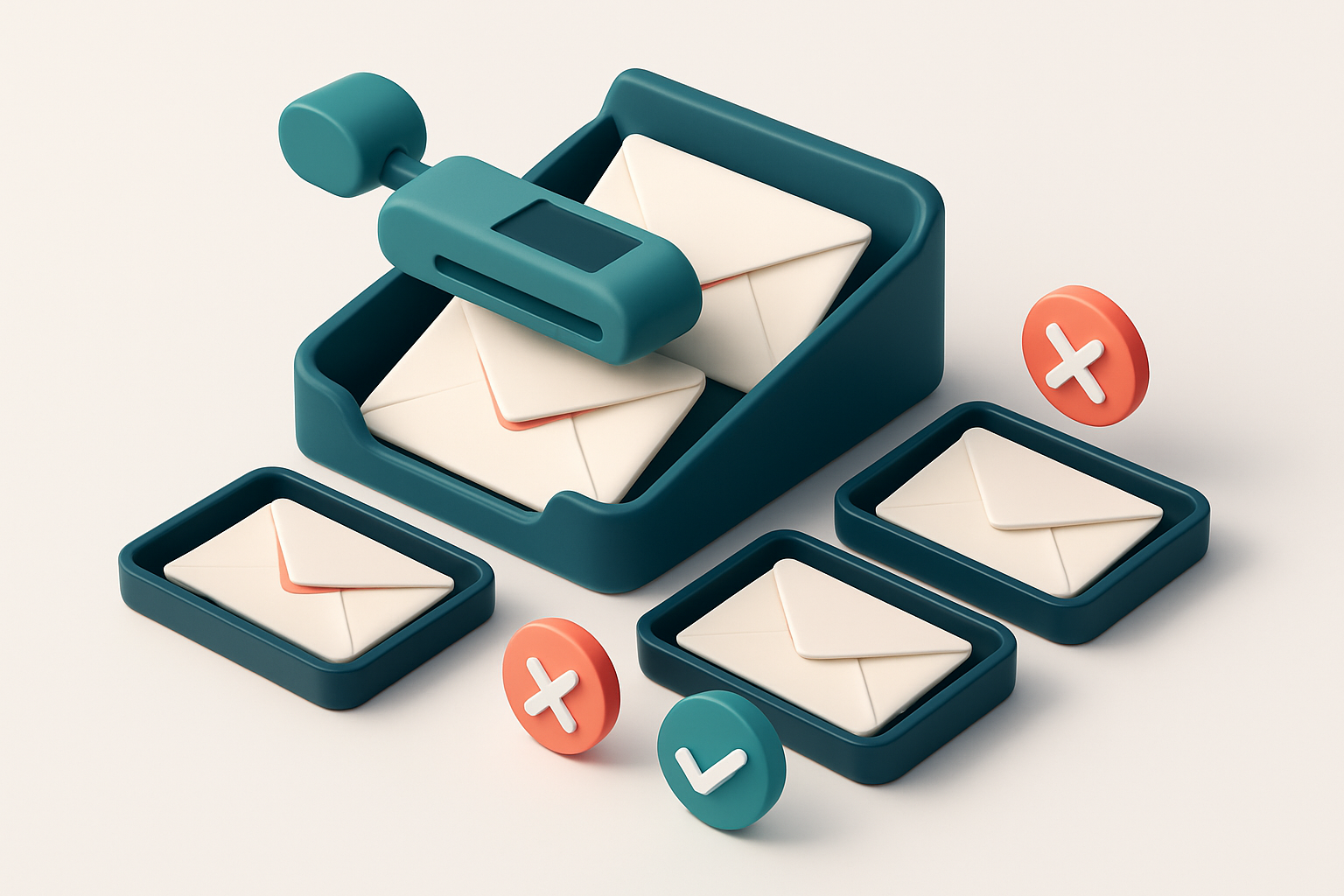An isometric email inbox with envelopes labeled 'invalid', 'catch-all', 'risky', and 'valid' being sorted onto separate