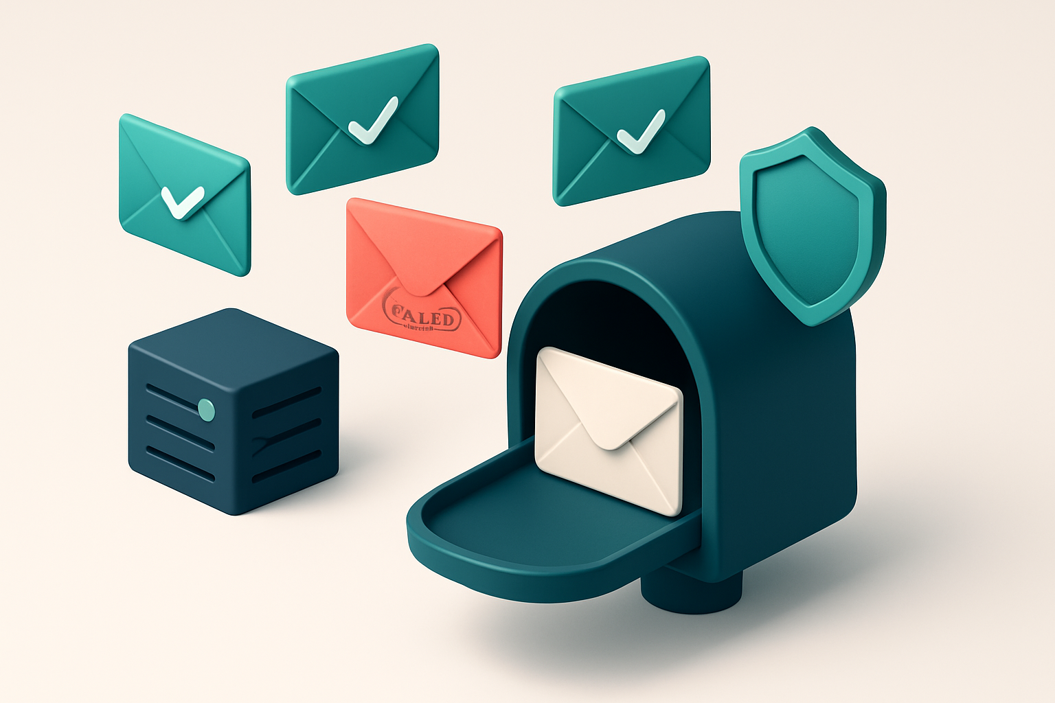 Hero: an isometric mailbox with digital envelopes flying in from different directions—some green with checkmarks, one re