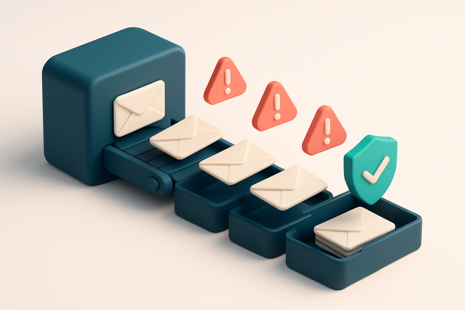 Hero: an isometric email inbox with a conveyor belt feeding envelopes labeled 'invalid', 'catch-all', 'risky', and 'vali
