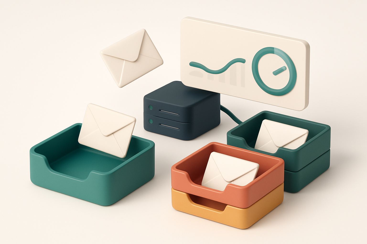 An isometric inbox with envelopes being sorted into three trays: green 'valid', red 'invalid', and yellow 'risky', while