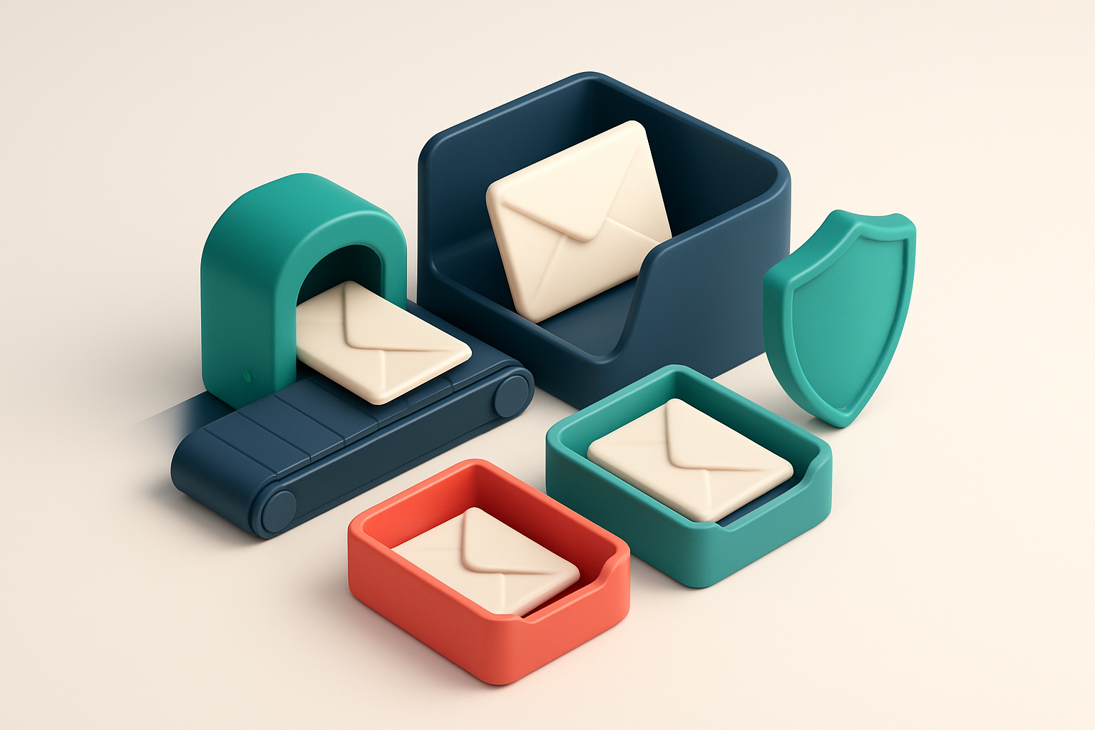 An isometric email inbox with a conveyor belt carrying digital envelopes through a scanner. Valid emails go into a green