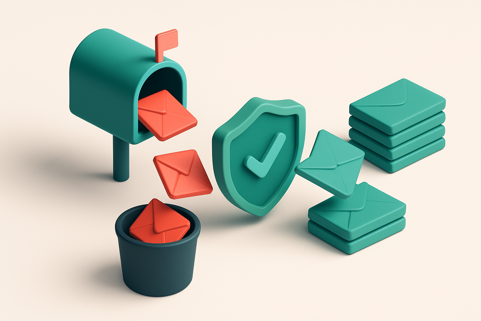 An isometric digital mailbox with red envelopes labeled 'invalid', 'catch-all', 'risky' being rejected into a trash bin,