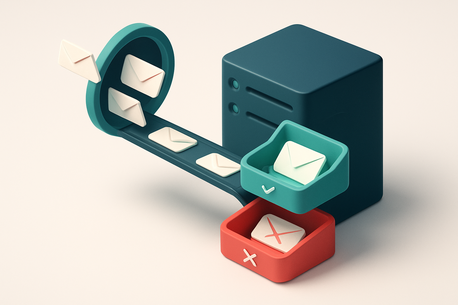 An isometric server rack with a glowing green 'valid' inbox tray and a red 'invalid' tray, with emails flying in from a