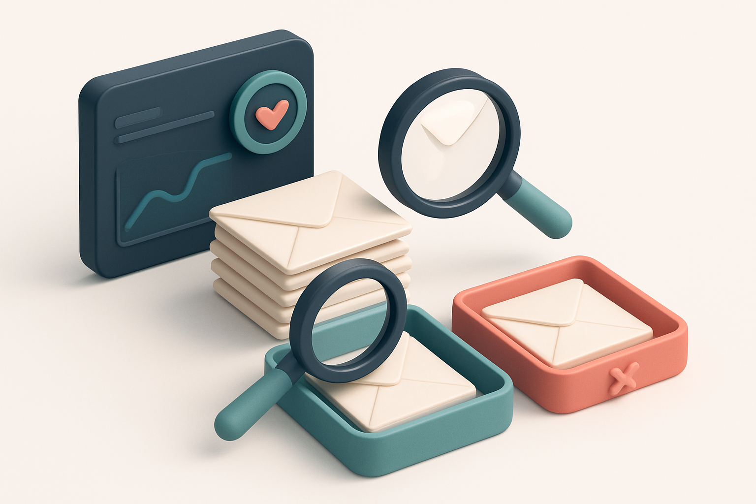 An isometric email inbox with envelopes being sorted onto a green 'valid' tray and a red 'invalid' tray, a magnifying gl