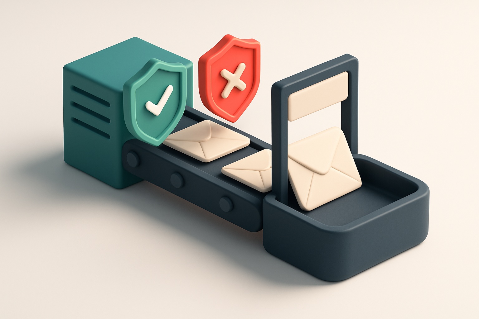 An isometric email server with a green shield labeled 'DKIM verified' and a red shield labeled 'DKIM failed', connected