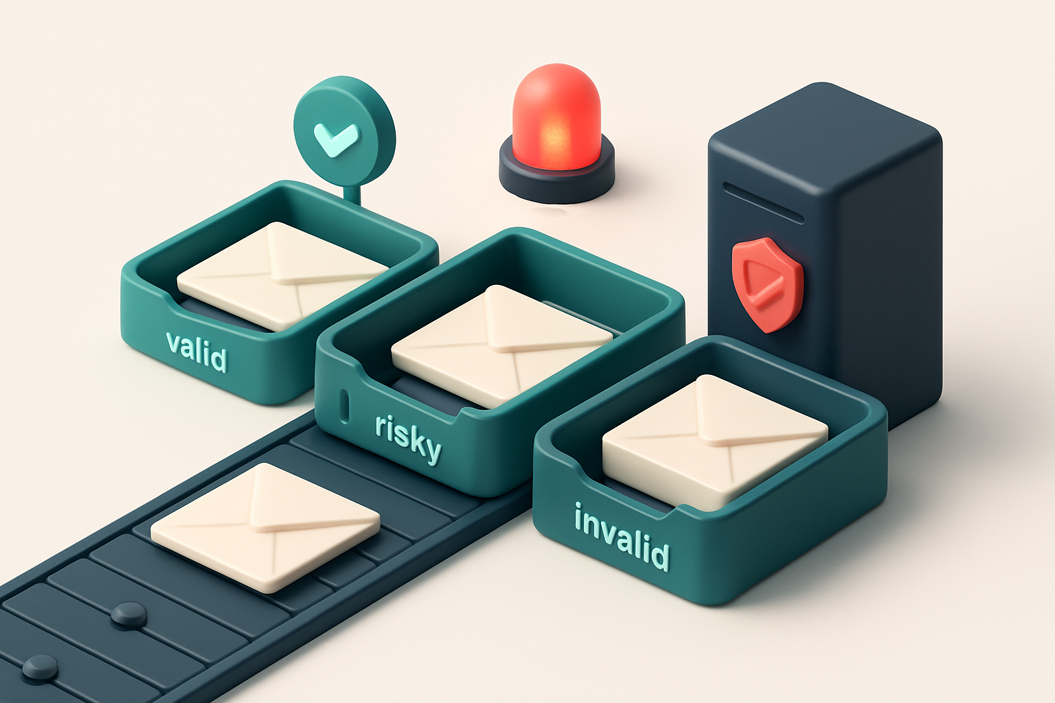 an isometric inbox with a conveyor belt feeding envelopes marked 'valid', 'risky', and 'invalid' into three separate tra